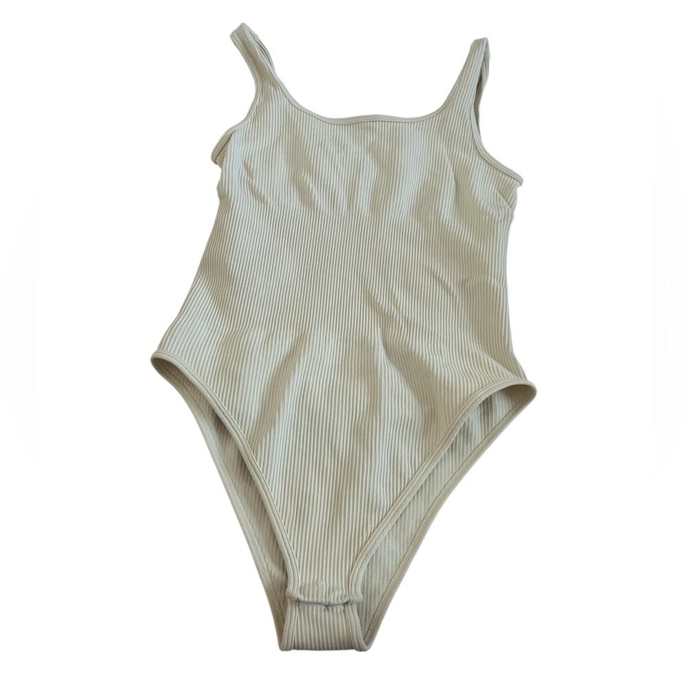 OQQ Ribbed Bodysuit Cream Festival Tank Minimalist Stretch Small Coachella - Picture 2 of 5